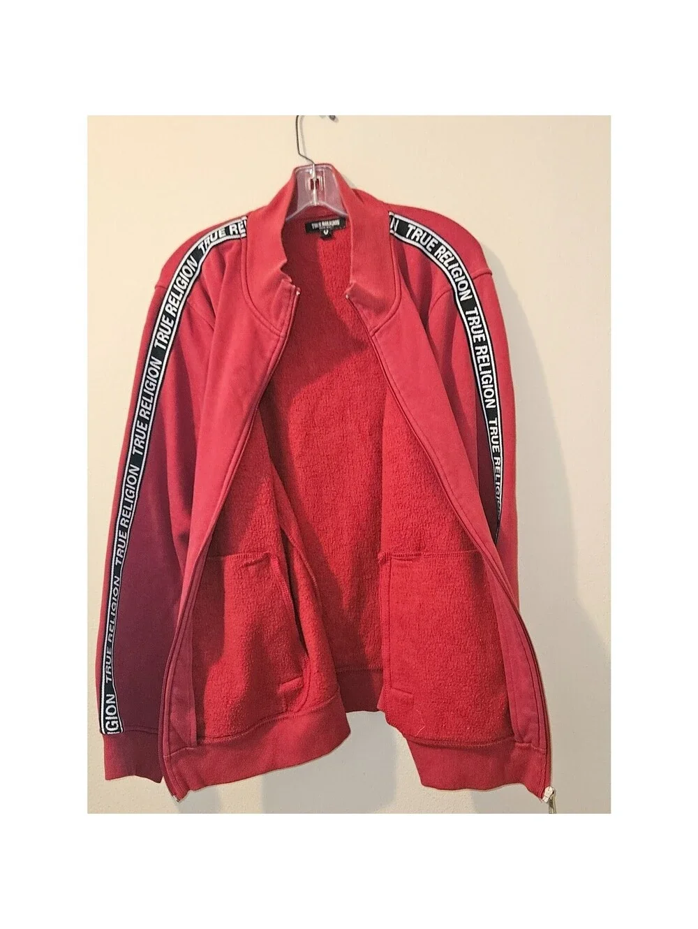 True Religion Men's XL Red Full Zip Fleece Track Jacket Logo Tape Sleeves